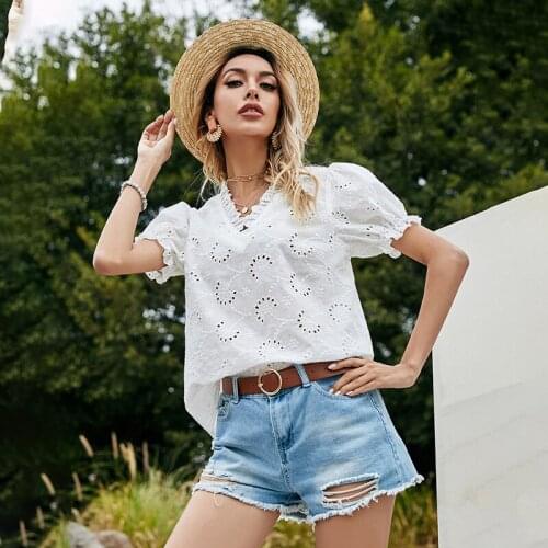 Women Clothes Elegant Fashion Office Lady Lace Short Sleeved Slim Shirts V Neck Hollow Out Casual Summer White Tops Solid Color