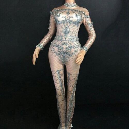 Female Singer Rhinestones Sparkly Sexy Printed Pattern Jumpsuit Nightclub Party Women GoGo Dance Performance Stage Dress DJ375