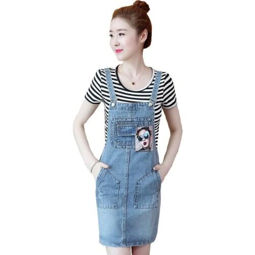 S-5XL Plus Size Denim Dress 2019 Summer Style Loose Strap Jeans Dress Suspender Denim Sundress Denim Overall Dress Female R548