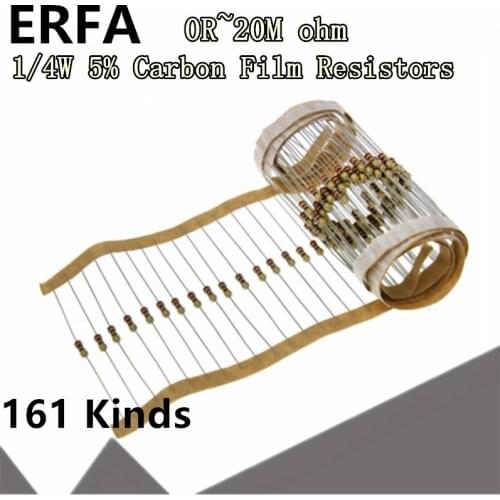 100pcs 1/4W Carbon Film Resistors 5% 0R~20M 1R 10M 10R 47R 100R 220R 1K 10K 4K7 100K 560K 1M 3M3 ohm Color Ring Resistance