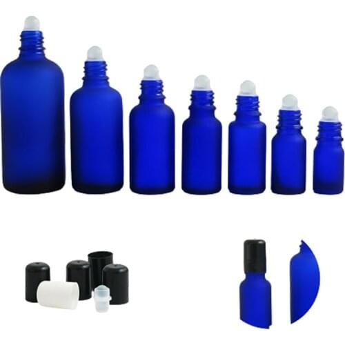 12 x Refillable 100ml 50m l30ml 20ml 15ml 10ml 5ml Frost Blue Glass Roll-on Bottles with Glass Roller Balls