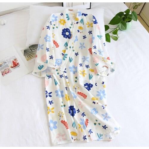 2021 Cotton Crepe Robes for Women Home Furnishing Service Elastic Cartoon Fresh and Cute Kimono Women Night Bath Robe Sleepwear