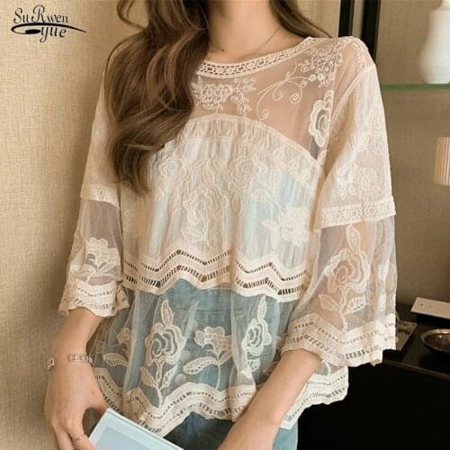 2021 Sexy Floral Hollow Out Stitching Tops New Summer Cotton Lace Blouse Women Holliday Shirt Korean Fashion Women Blouses 13671
