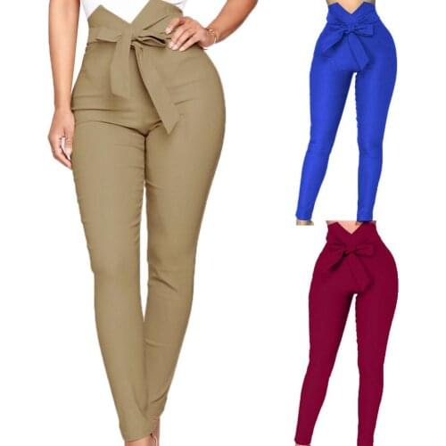 60%HOT Chic Lady Solid Color High Waist Bow Belt Elastic SlimS1 FitS1 Pencil Pants Trousers