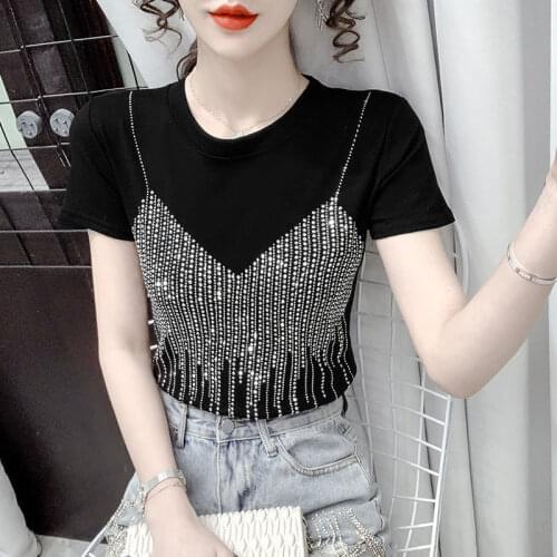Shine Beaded Knitted Elastic Women T-Shirts Summer New Design 2021 Elastic Female Pulls Outwear Tops Tees