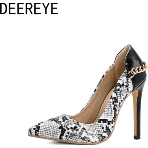 Big Size 31-50 Female Slip-on Pumps 11cm Printed Patent Leather Stiletto Sandals Back Metal Chain Pointed Shoes For Women 2021