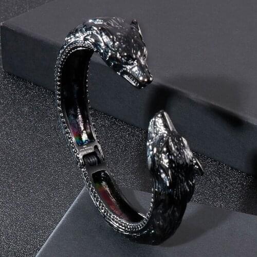 Stainless Steel Jewelry Titanium Steel Black Wolf Head Open Bracelet Punk Mens Bracelet