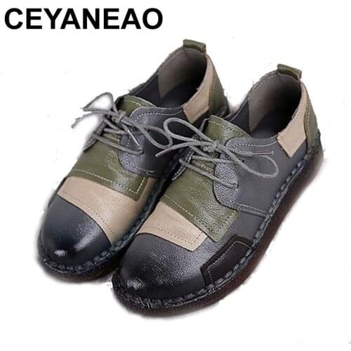 CEYANEAO winter womens shoes leather flat shoes plus velvet lace-up work shoes autumn casual comfortable plus size shoes