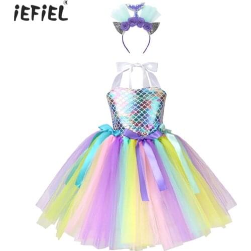 Kids Girls Halter Neck Printed Mesh Tutu Dress Halloween Carnival Cosplay Party Mermaid Costume Princess Dress Clothes Outfit