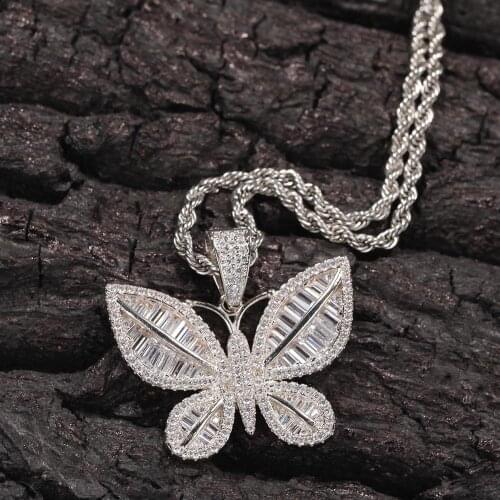 New Hip Hop Iced Out Small Silver Color Butterfly Pave Full CZ Pendant Choker Necklace Charm Gift for Women