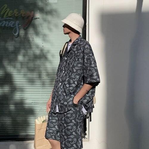 Short Sleeve Shirt Set Men Summer Loose Thin Tops Shorts Printed Cashew Flower Hiphop Streetwear Suit Trendy Brand Sports Coat