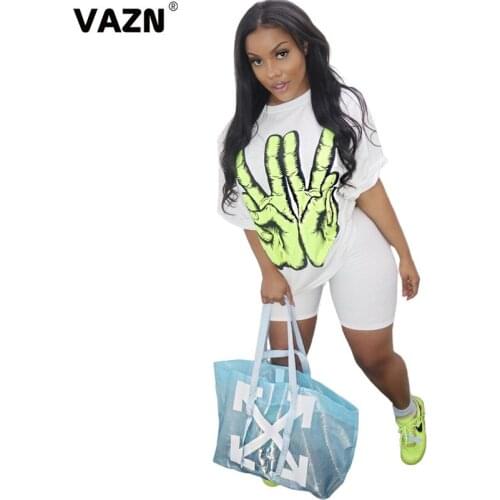 VAZN 2020 Hot White Fresh Clear Casual Young Simple Daily Style Half Sleeve Top Knee Length Tracksuits Slim Women 2 Piece Set