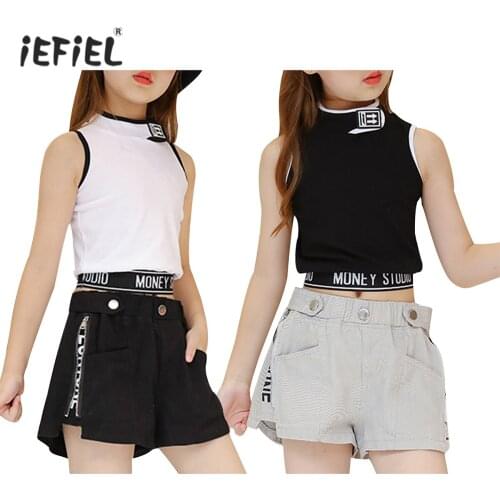 Summer Girls Dance Clothes Outfits Hip Hop Jazz Dance Costumes Kids Sleeveless Vest Tops Shorts Teenage Girl Fashion Streetwear