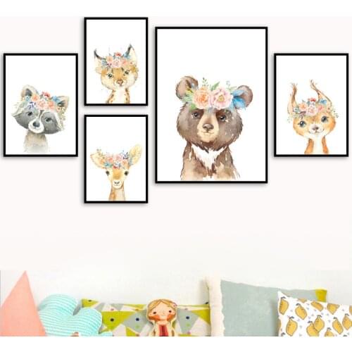 Cute Deer Bear Raccoon Pig Flower Wall Art Canvas Painting Nordic Canvas Posters And Prints Wall Pictures Baby Kids Room Decor