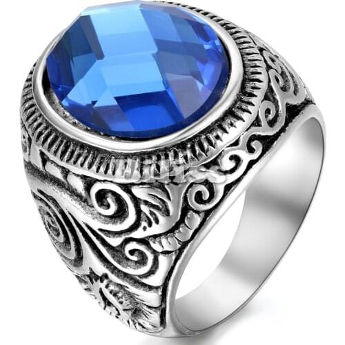 21mm Retro Punk Stainless Steel Mens Ring Gothic Big Blue Crystal Party Egagement Rings anillos hombre Vintage Jewelry
