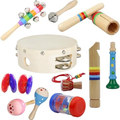 IRIN 10pcs/set Orff Wooden Musical Instrument Set Hand Tambourine Rain Sound Tube Flute Rattle Barbell Maracas Necklace Castanet