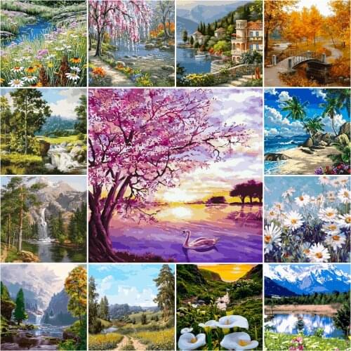 Mountain And Water Coloring By Numbers Kit Frameless Drawing By Numbers 19.7x15.7inch 24 Colors Handpainted Gift Diff:3 Stars