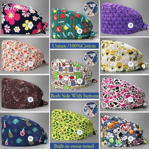 Customizablecotton constellation Cartoon print adjustable Scrub hat beauty salon work cap laboratory pet shop fashion scrubs cap