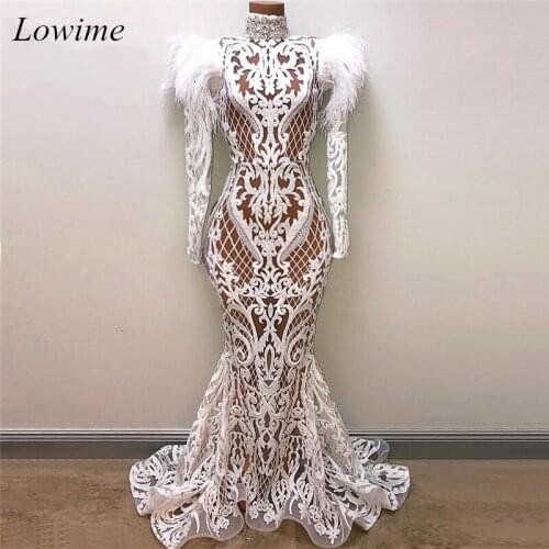 Newest Plus Size White Feather Evening Dresses 2019 Formal Prom Party Dress Long Mermaid Beading Arabic Robe De Soiree Gowns