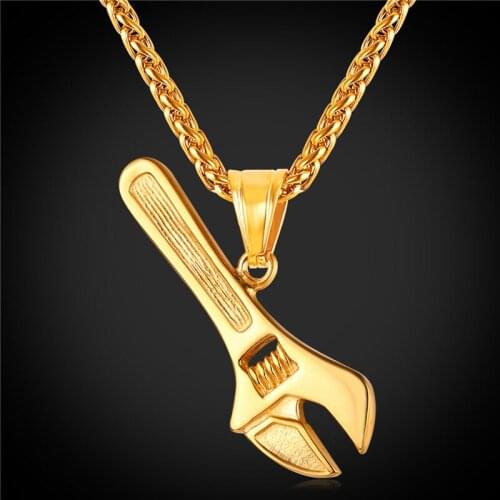Brand New Golden Wrench Tool Pendant Necklace Stainless Steel/Gold Color Rope Chain Men Hiphop Mechanic Biker Jewelry GP2455