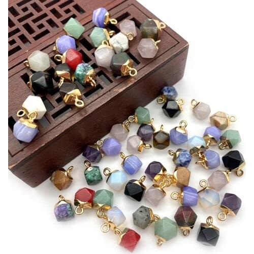 3pcs Natural Stone Necklace Pendant Faceted Polygonal Opal Picture Stone Crystal Color Electroplating Pendant DIY Jewelry Making