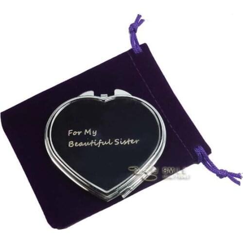 Personalized engraved Heart Shaped Compact Mirrors+FREE PURPLE POUCHES Wedding Gift #18038
