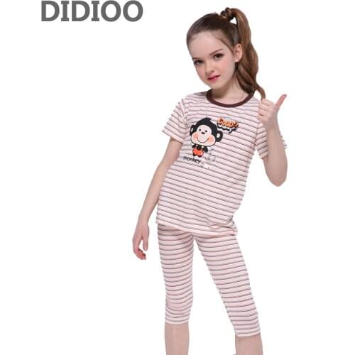 Kids Pajamas Sets For Girls Clothing Sets Striped Cartoon Boys Sleepwear Summer Children Night Outfits 4 5 7 9 11 12 Years