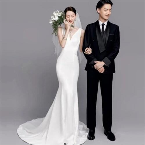 Sheath Sweep Train V-Neck Backless Soft Satin Wedding Dress 2021 Elegant Sleeveless Bridal Gowns vestidos de mairee Wedding