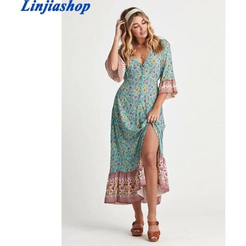 Spring Summer women midi dress loose rayon fabric floral print bohemian short dress femme vestidos