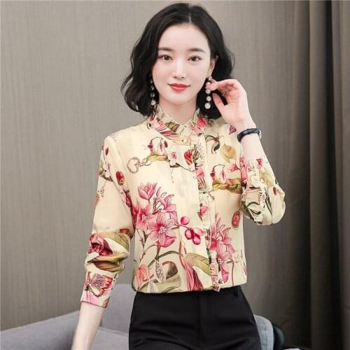 Dropshipping Spring Summer Fall Vintage Print Collar Long Sleeve Women Ladies Office Party Casual Workwear Top Shirt Blouse
