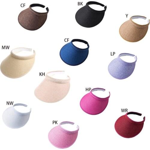 Women Ladies Summer Weave Straw Empty Top Beach Cap Clip-On Solid Color Large Wide Brim UV Protection Breathable Sun Visor Hat