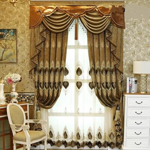 European Style Curtain for Living Room Luxurious Curtains for Bedroom Atmosphere New Embroidery Chenille Valance Curtain Blue