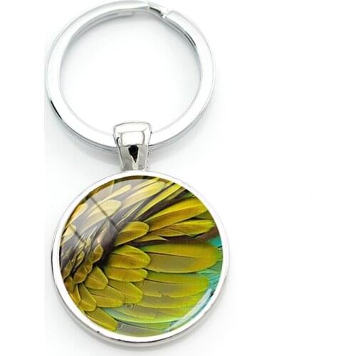 TAFREE Colorful Birds Feathers Car Keyrings 25mm Pendant Rings For Key Men Glass Cabochon Trinket Jewelry Wholesale