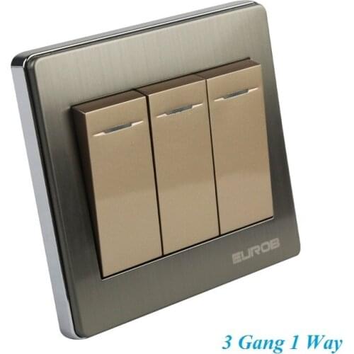 High Quality E9 Series Brushed Stainless Steel Gold Wall Switch With fluorescence 3 Gang Single Control Switch Socket Panel