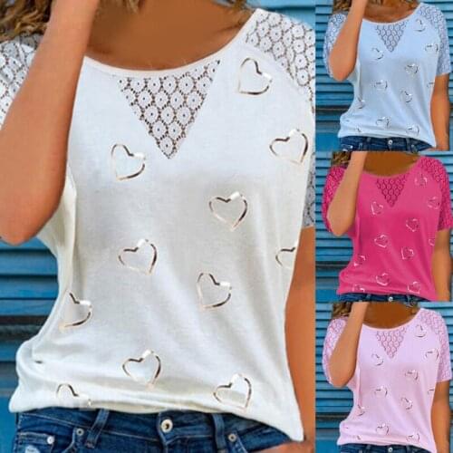 New Fashion Summer Womens Casual Round Neck Tshirt Lace Hollow Stitching Short Sleeve Shirt Heart Print Top Lady Streewear