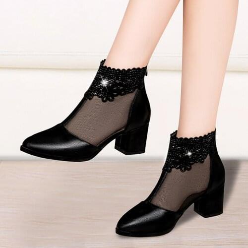 Women Shoes Spring Summer PU Leather Pointed Toe 5cm Thick High Heel Solid Mom Shoes Zipper Wedding Female Pumps Boots Plus Size