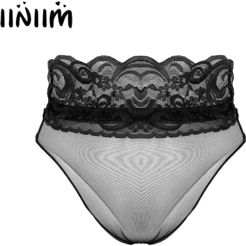 Womens Ultra-Thin See Through Sexy Panties Sheer Mesh Lingerie Elastic Low Waist With Lace Waistband Briefs Underwear Underpants