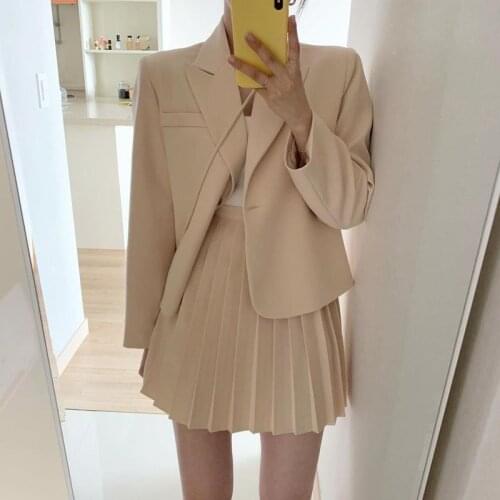 Elegant 2021 Spring Fashion Womens Skirts Elegant Single Button Blazer and High Waist Mini Pleated Skirt Ladies Blazer Suit