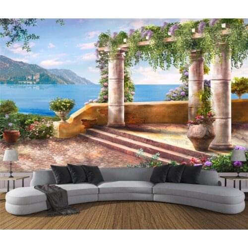 Custom 3d wall paper Roman column sea view 3d wallpaper living room sofa bedroom TV wall decoration painting