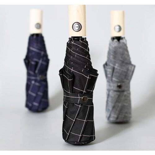 Parachase New Automatic Wood Umbrella Rain Women Plaid Japanese Style Big Folding Umbrellas Windproof 8 Ribs Men Umbrella Brand