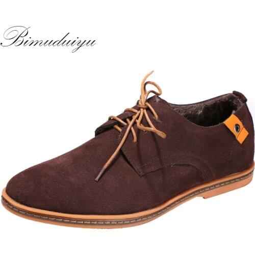 BIMUDUIYU Nubuck Leather Warm Plush Mens Flat Winter Velvet Shoes Casual Suede Leisure Brand Fashion Oxford Men Shoes