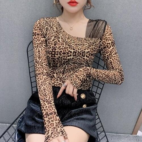 Camisetas De Mujer New 2021 Spring Women Tops Fashion Sexy V-Neck Leopard T-Shirt Long Sleeve Plus Size Blusas