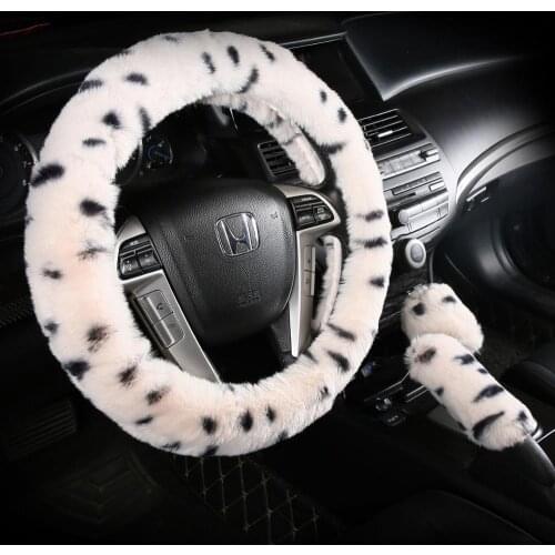 3 Pcs Fluffy Plush Universal Steering Wheel Cover for Women Furry Luxury 15 inches with Handbrake Cover and Gear Shift Cover