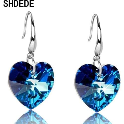 SHDEDE Long Heart Drop Earrings Crystal from Swarovski Weddings Bride Fashion Jewelry Party Lady Eardrop Accessories +WHC69