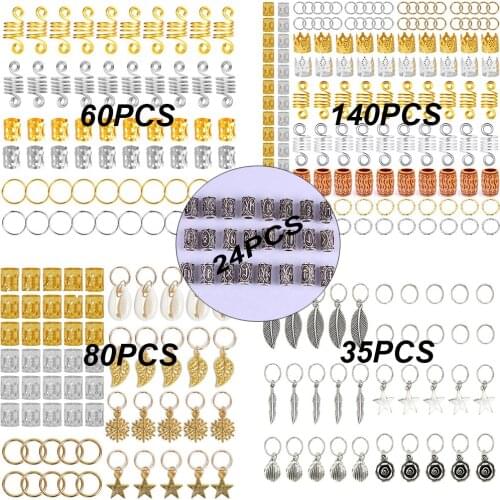 24/35/60/80/140PCS Metal African Hair Rings Beads Cuffs Tubes Charms Dreadlock Dread Hair Braids Jewelry Decoration Accessories
