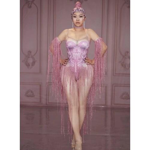 Pink Tassel bodysuit Rhinestone Stage Jumpsuit Women Nightclub Crystal Stretch Bodysuit Pole Dance Leotard