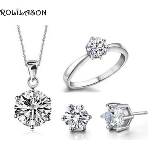 Simple six claw zircon set earrings necklace ring three piece set small fresh jewelry set copper set