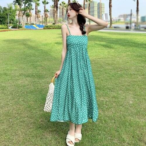 Summer Korean Style Retro Leisure Vacation Beach Slim Flower Print Mid-Length Suspender Skirt Dress
