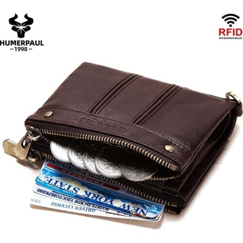 2020 Men Wallet Short Genuine Leather Doble Zipper Coin Purse RFID Multifunction Fashion New Card Holder For Male Luxury Brand