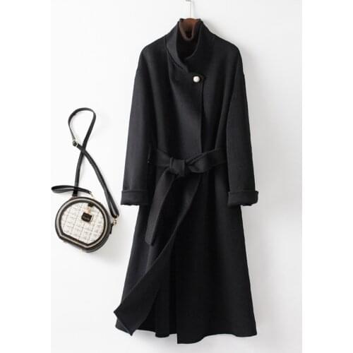 Gentle Tweed Coat Womens New Mid Long Autumn Black Double Faced Tweed Coat Womens Small